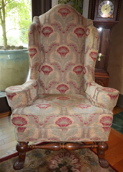 Parker Southern Wingback Chair with Shell Carved Feet - Burgundy and Tan Upholstery -Very Clean - Measures 55" tall 39" by 30" 
