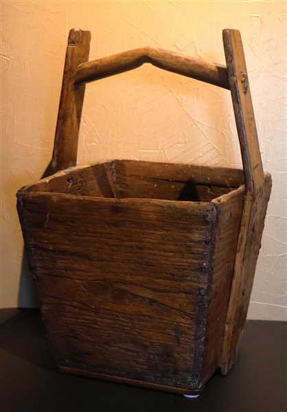 Antique European Wooden Bucket - Square with Wood Handle - Measures 13" tall 13" by 13" - Not Including Handle 