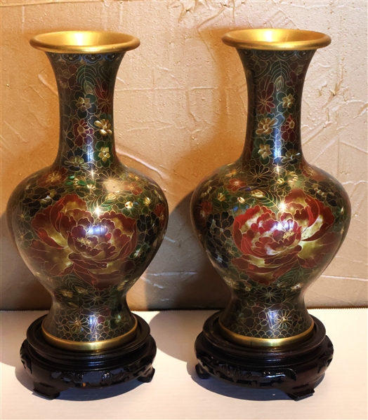 Pair of Beautiful Cloisonne Vases with Wood Bases - Each Vase Measures 10 1/2" tall