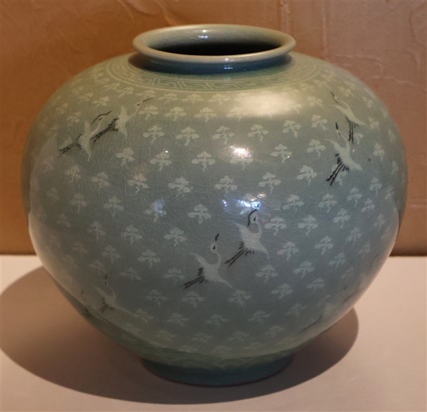 Asian Celadon Vase with Flying Birds - Signed on Bottom - Measures 7 1/2" Tall 7 1/2" Across