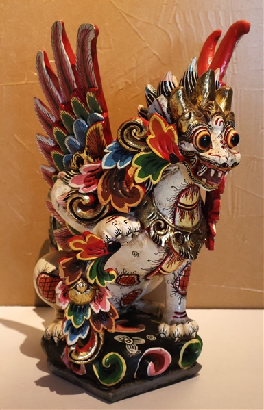 Oriental Wood Hand Carved and Painted Dragon - Measures 15" Tall 8" by 12" 