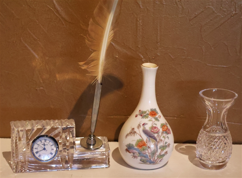 Waterford Crystal Desk Clock and Pen Holder with Quill Pen, Wedgwood "Kutani Crane" 5 1/2" Vase, and Miniature 4"  Waterford Crystal Vase