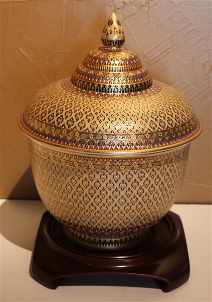 Heavily Gold and Moriage Decorated Covered Bowl on Wood Stand - Bowl Measures 12" Tall 9" Across