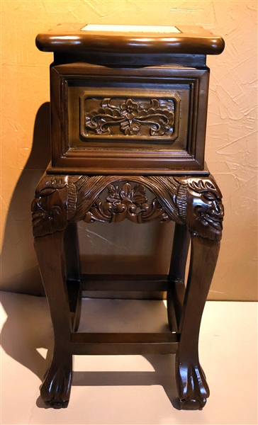 Petit Square Marble Top Table with Floral Carved Gallery - Measures 24" Tall 10" by 10" 