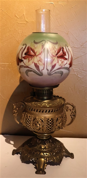 Antique Metal Oil Lamp with Hand Painted Shade - Pierced Metal Base - Measures 22" Tall 