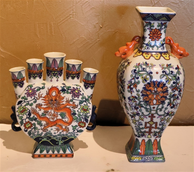 2 Asian Vases - Orange, Yellow, and Green Decoration - 5 Flower Vase Has Dragon Motif - Taller Vase Measures 11 1/2" Tall 