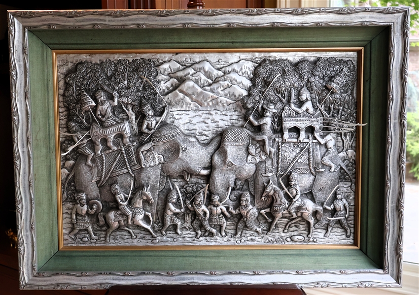 Oriental Metal Relief Artwork - Soldiers on Elephants - Framed - Frame Measures 20" by 28" 