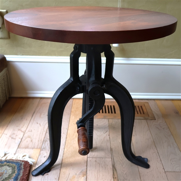 Steam Punk Table Made From Iron Crank Base - Wood Top - Measures 18" Tall 18" Across