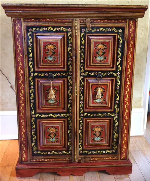 Nice Wood Cabinet - Red with Colorful Painted Flowers Doors Are Decorated on Both Sides - Red Painted Interior - Measures 36 1/2" Tall 26 1/2" By 14" 