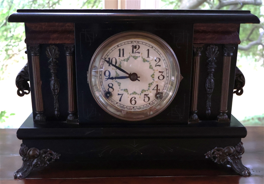 Sessions Mantle Clock with Floral Decorated Dial - Columns on Front - Measures 10 1/2" Tall 14" by 5 1/2" - With Pendulum - No Key
