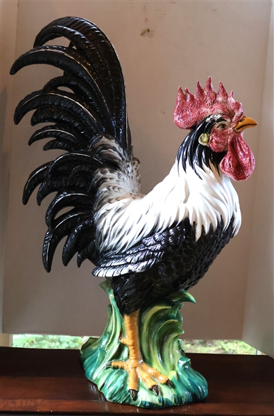 Life Size Hand Painted Italian Rooster -Signed Intrada Italy on Bottom - Measures 27" tall 20" Beak to Tail  - One Feather on Tail Has Been Repaired 
