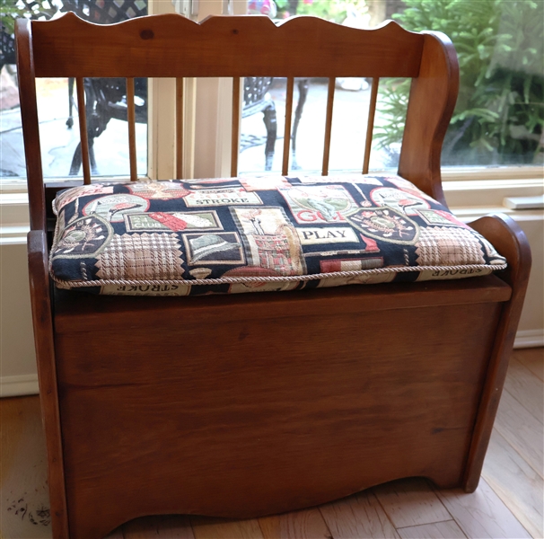 Childs Pine Lift Top Storage Bench with  Golf Cushion - Measures 22" tall 22" by 12" 