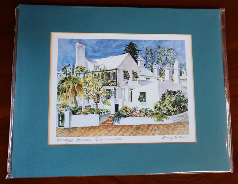 Amy Evans Artist Signed Print "Bridge House Bermuda" - Pencil Signed  - Matted with Artist Information on Back - Measures 8" by 10"