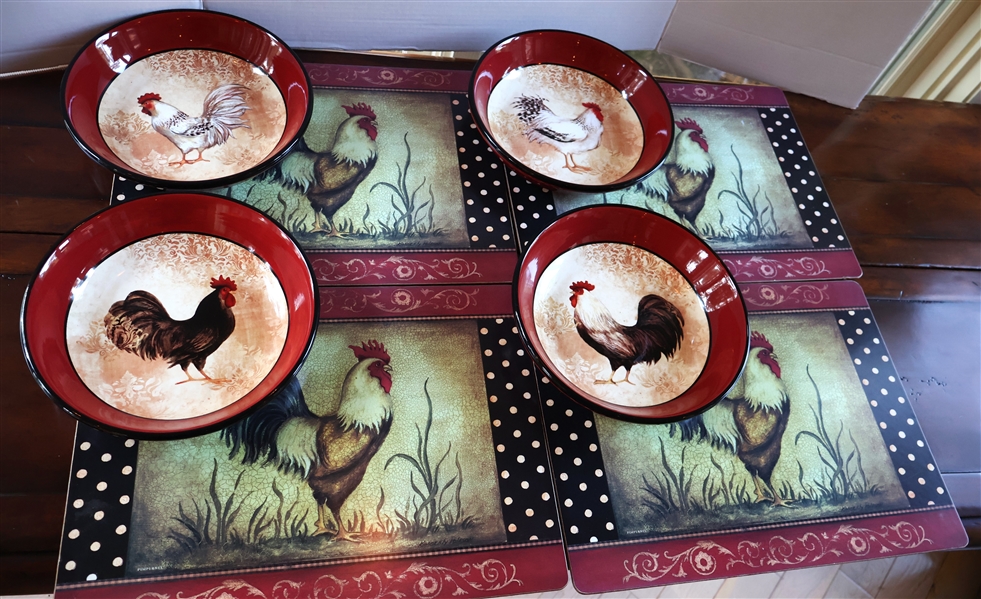 4 - Certified International "Susan Winget" 9 1/2" Bowls with Chickens and Roosters and 4 - Pimpernel Cork Backed Rooster Placemats 