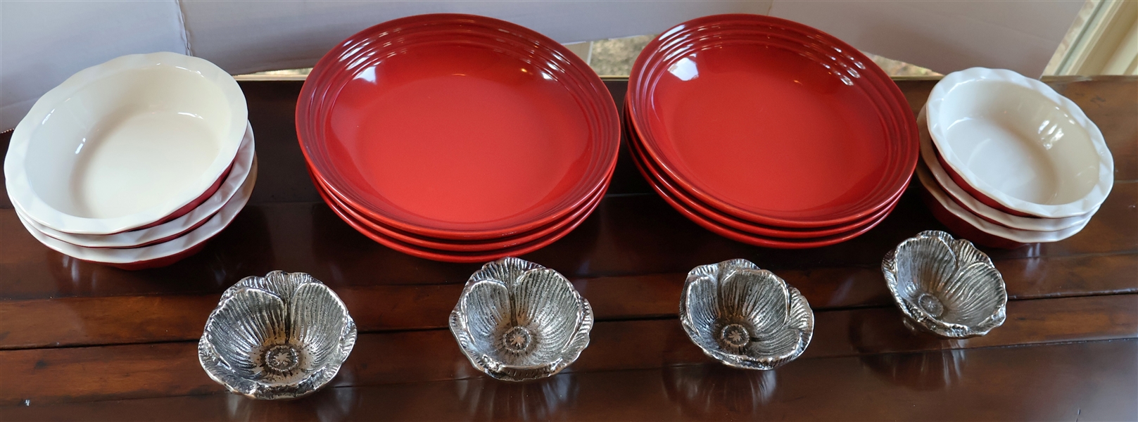 6 - Red Le Creuset Pasta Bowls - Measuring 10" Across, 6 - Good Cook 5 1/2" Bowls, and 4 Pewter Flower Bowls Measuring 4" Across - 2 Le Creuset Bows are Minor Damage