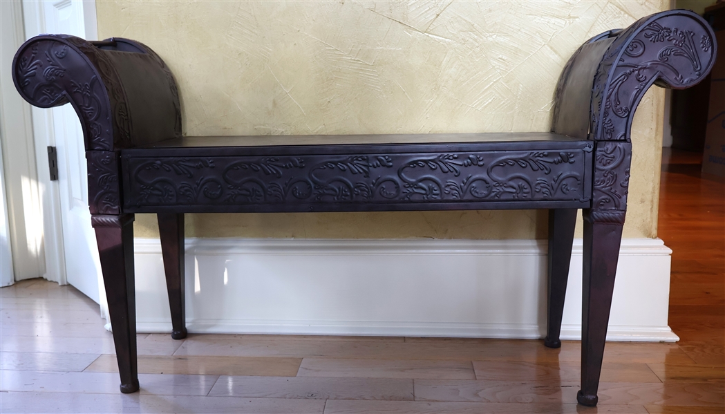 Metal Dressing Bench - Rolled Ends with Embossed Scroll Design - Measures 24" tall 42" by 12" - 17" To Seat
