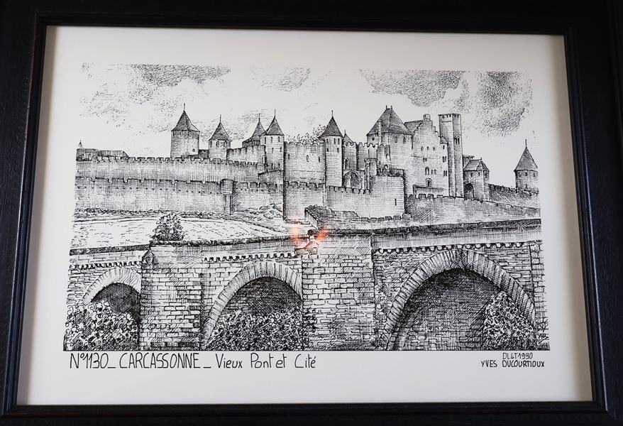 Carcassonne _ Vieux Pont et Cite - French Print  - Yves Ducourtioux  - DL4 - 1990 - Framed - Frame Measures 15" by 20" 