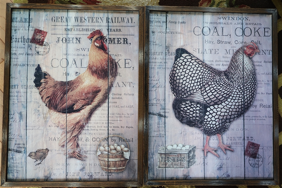 Pair of Chicken Prints on Board - Each Measures 17" by 13" 