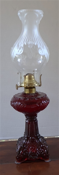 Ruby Red Oil Lamp with Unusual Satin Glass Chimney - Lamp Measures 17" Tall 