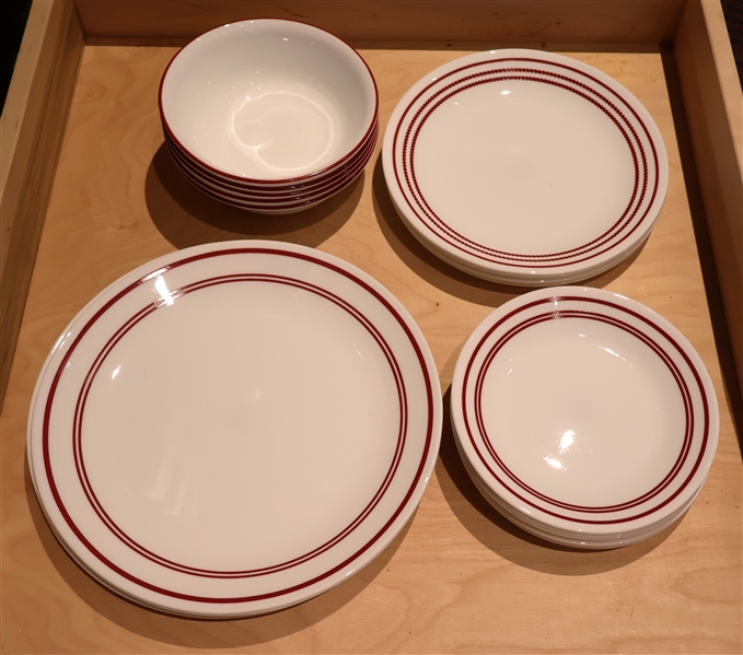 27 Pieces of Red and White Corelle Dishware - Dinner Plated, Salad Plates, Dessert Plates and Bowls 