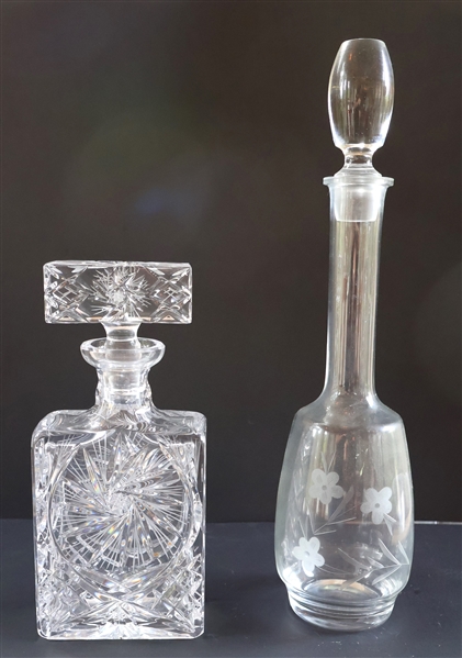Nice Rectangular Cut Glass Decanter and Tall Decanter with Etched Flowers - Taller Decanter Measures 17" Tall 
