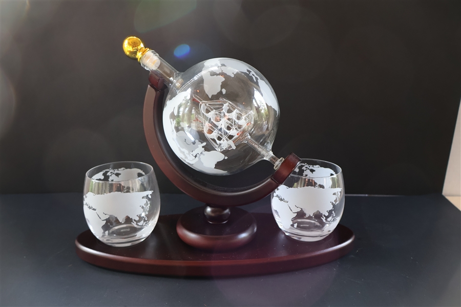 Shannon - Handblown Globe Decanter with Blown Glass Ship Inside - 2 Globe Tumblers - All in Wood Stand - Decanter Measures Approx. 9" 