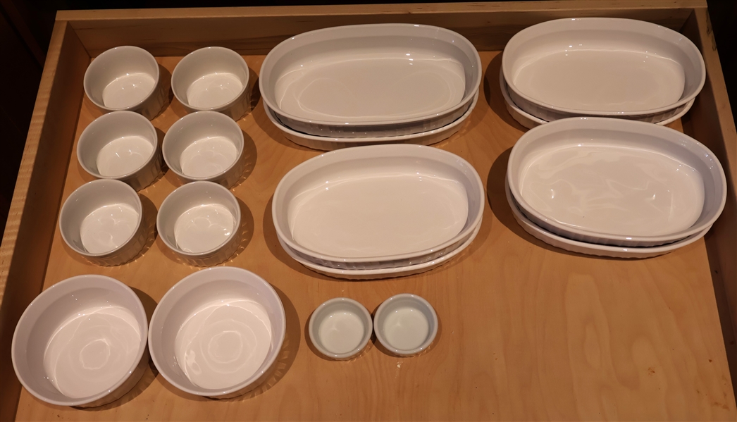 10 Corningware French White Baking Dishes and 8 Ramekins  -Low Oval Dishes are 1 Liter Round 500 ML