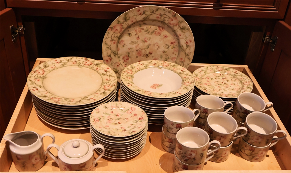 222 Fifth "Cheri Blum" China Set - 11 Dinner Plates, 12 Rimmed Soup Bowls, 11 Bread Plates, 9 Salad Plates, 12 Cup,  Round Platter, and  Cream & Sugar - Platter Measures 12 1/2" Across