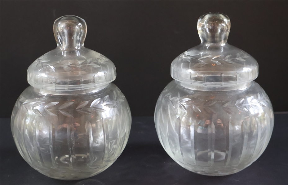 2 Etched Glass Marlamade Jars - Etched Holly Design - Measuring 5" Tall with Lids 
