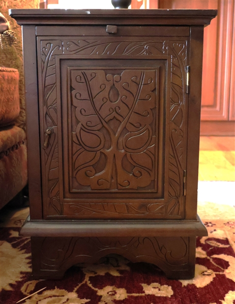 Asian Inspired End Table Cabinet with Glass Top - Carved Ikebana Arrangement, and Flowers - Cabinet Door Has Storage On Back - Top Has Pull Out Tray - Table Measures 20" Tall 14" by 22" 