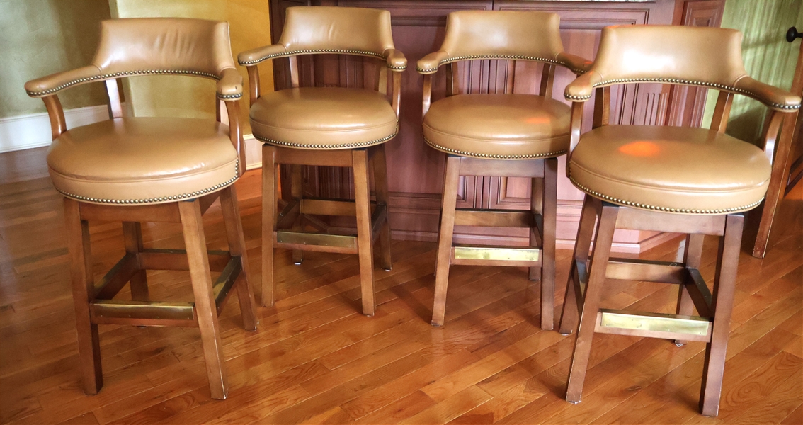 Set of 4 Nice Custom Swivel Barstools -Camel Colored Upholstery with Nail Head Trim - Brass Foot Plates - Each Stool Measures 29" To Seat 