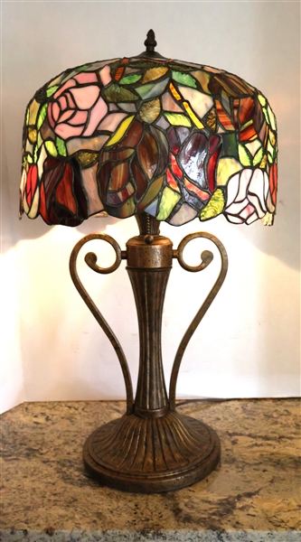 Beautiful Tiffany Style Leaded Glass Lamp with Rose Shade - 2 Lights - Lamp Measures 25" Tall Overall 