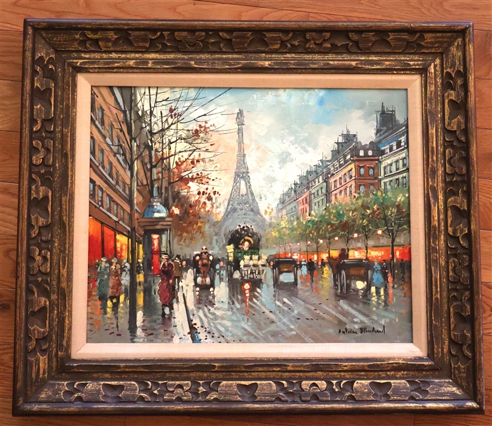 Relisted 10/21- Antoine Blanchard (French 1910 - 1988) Artist Signed Original Oil on Canvas Painting of a Paris Street Scene with Eiffel Tower in Background - Framed in Gold Gilt Frame