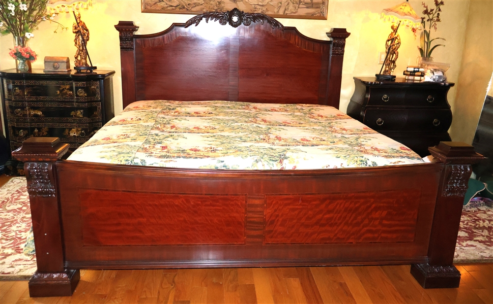 King Size Mahogany Bed with Matching Head Board and Foot Board - Flower Carved Crest and Inlaid Band- Wood Rails -With Bedding - Tiny Area of Missing Veneer on Left Foot Board Post 