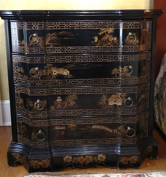 Black Lacquer 4 Drawer Chinoiserie Chest - Measures 36" Tall 36" by 19"