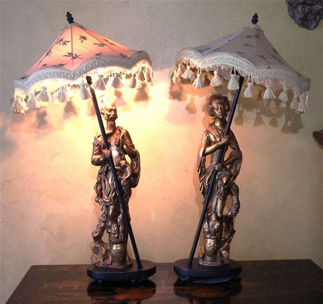 Pair of Asian Figural Lamps - Man and Woman Holding Umbrellas with Baskets of Fish - Each Lamp Measures 30" Tall