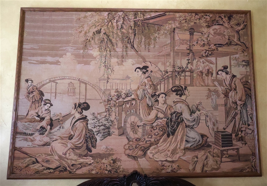 Framed Tapestry of Asian Courtyard with Ladies and Musicians - Frame Measures 50" by 70"