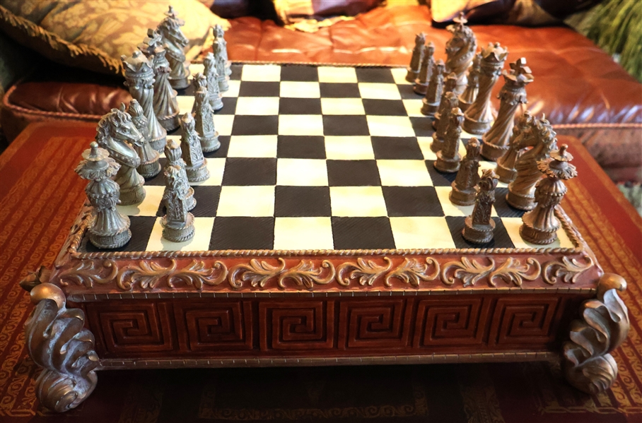 Nice Decorator Chess Set - Board with Fitted Piece Storage Drawer and All Pieces - Made From Resin  / Composite - Board Measures 6" tall 21" by 21" 