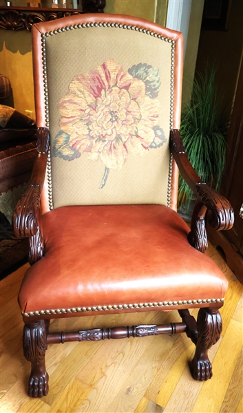Whittemore - Sherrill Limited Leather Master Arm Chair with Floral Tapestry Seat Back - Nail Head Trim - Carved Arms and Claw Feet - Chair Measures 46" Tall 25" by 22"