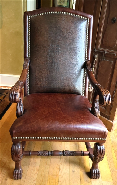 Whittemore - Sherrill Limited Leather Master Arm Chair with Croc Patterned Back - Leather - Nail Head Trim - Carved Arms and Claw Feet - Chair Measures 47" tall 25" by 24" 