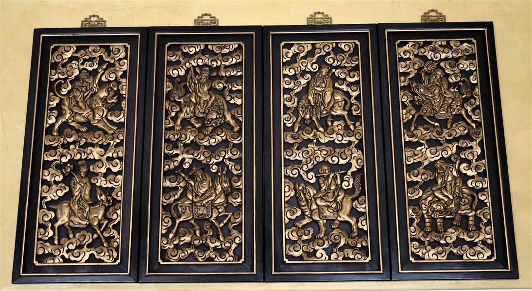 Asian Wood Relief Carving - Gold Gilt Pained - 4 Pannels - Each Panel Measures 30" by 12" 
