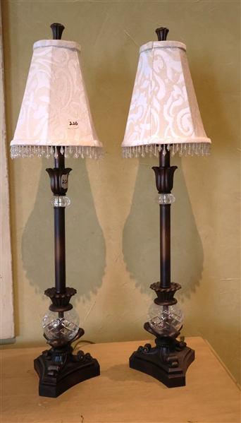 Pair of Candlestick Lamps with Glass Globe Near Base - Antique Bronze Finish - Shade with Clear Crystals  - Lamp Measures 33" Tall 