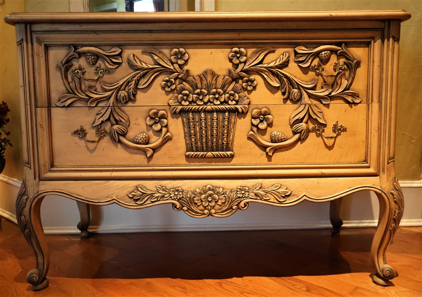 Nice Light Finished Lowboy with Carved Basket of Flowers on Front- Handcrafted by Trouvailles Inc - Mass. - 2 Dovetailed Drawers - Carved Cabriole Legs - Measures 33 1/4" 47" by 22"