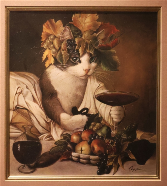 Framed and Matted Coppa Print of Cat Drinking Wine - Frame Measures - 18 1/2" by 17 1/2"