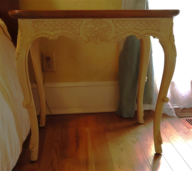 French Provincial Style Table with White Painted Base - Carved Flowers on Apron - Measures 28" tall 28" by 18"