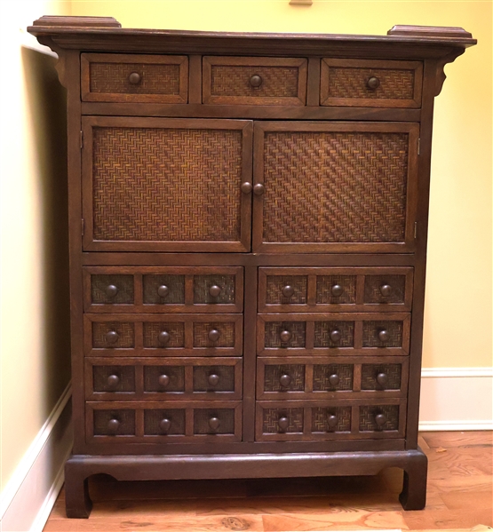 Asian Wood and Rattan Chest - 3 Drawers over 2 Cabinets over 8 Drawers - Measures 49" tall 41" by 19"