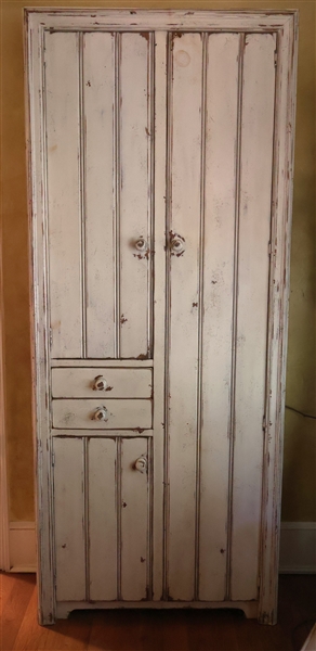 Habersham Off White Distress Painted Cabinet Left Side Features 2 Doors and 2 Drawers - Right 1 Full Height Door - Measures 79" Tall 33" by 12" 