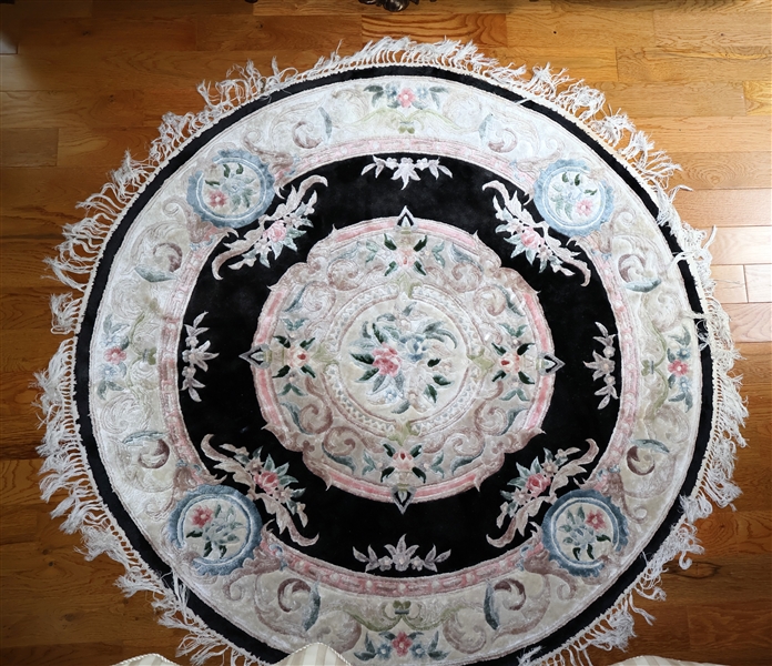 Round Wool Rug - Black with Cream, Pink, and Blue - Measures 48" Across - Not Including Fringe