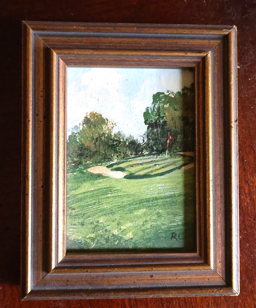 Richard K. Collopy Miniature Oil on Board Painting of Golf Course - Framed in Gold Gilt Frame -Measures 4 1/2" by 3 1/2" 