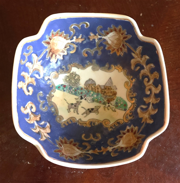 Asian Bowl with Dogs Playing and Scroll Border  - Measures 3" tall 6" Across
